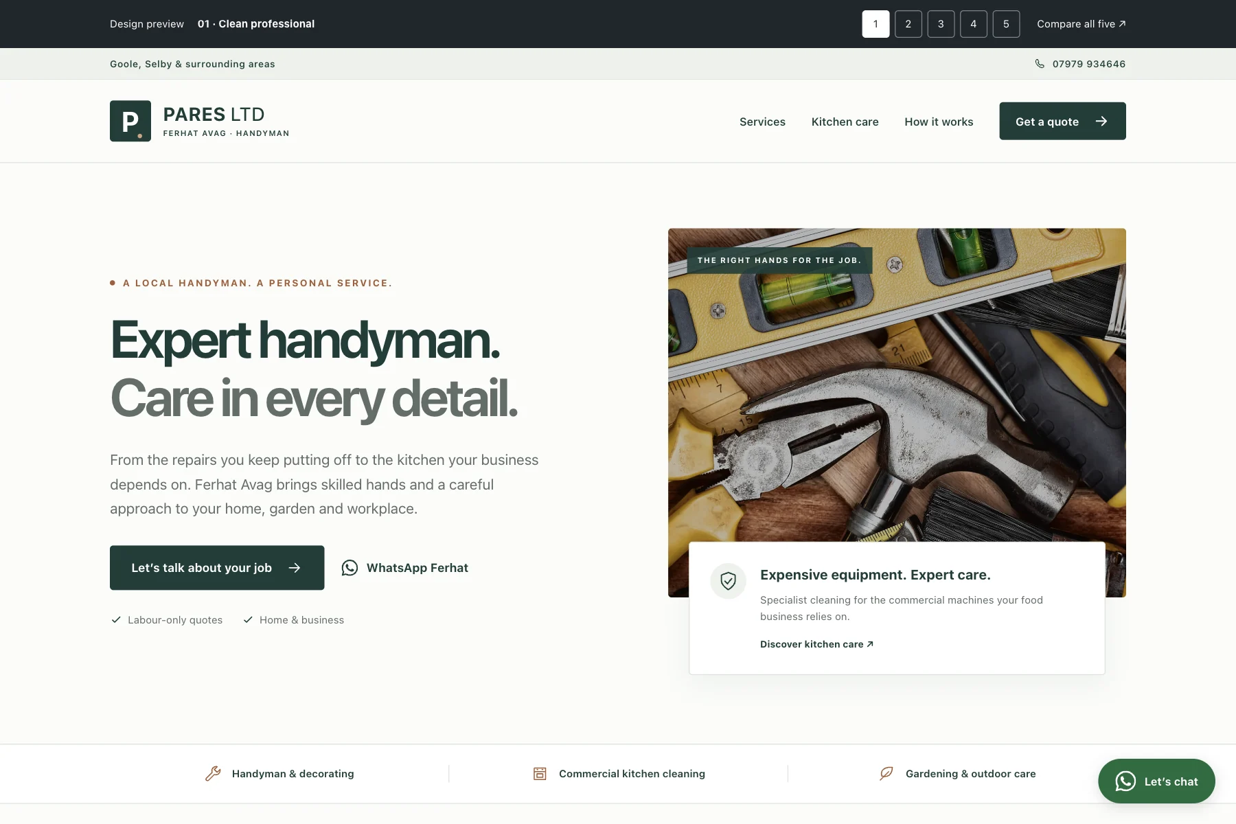 Clean professional website preview, with forest-green details, a white split-layout hero and a tools photograph