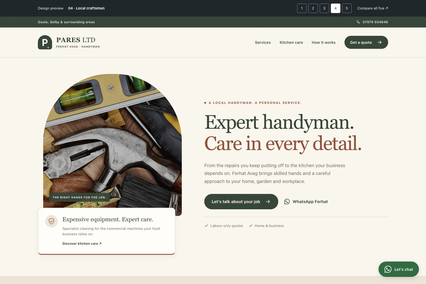 Local craftsman website preview with warm ivory, terracotta accents and a welcoming photo-led layout
