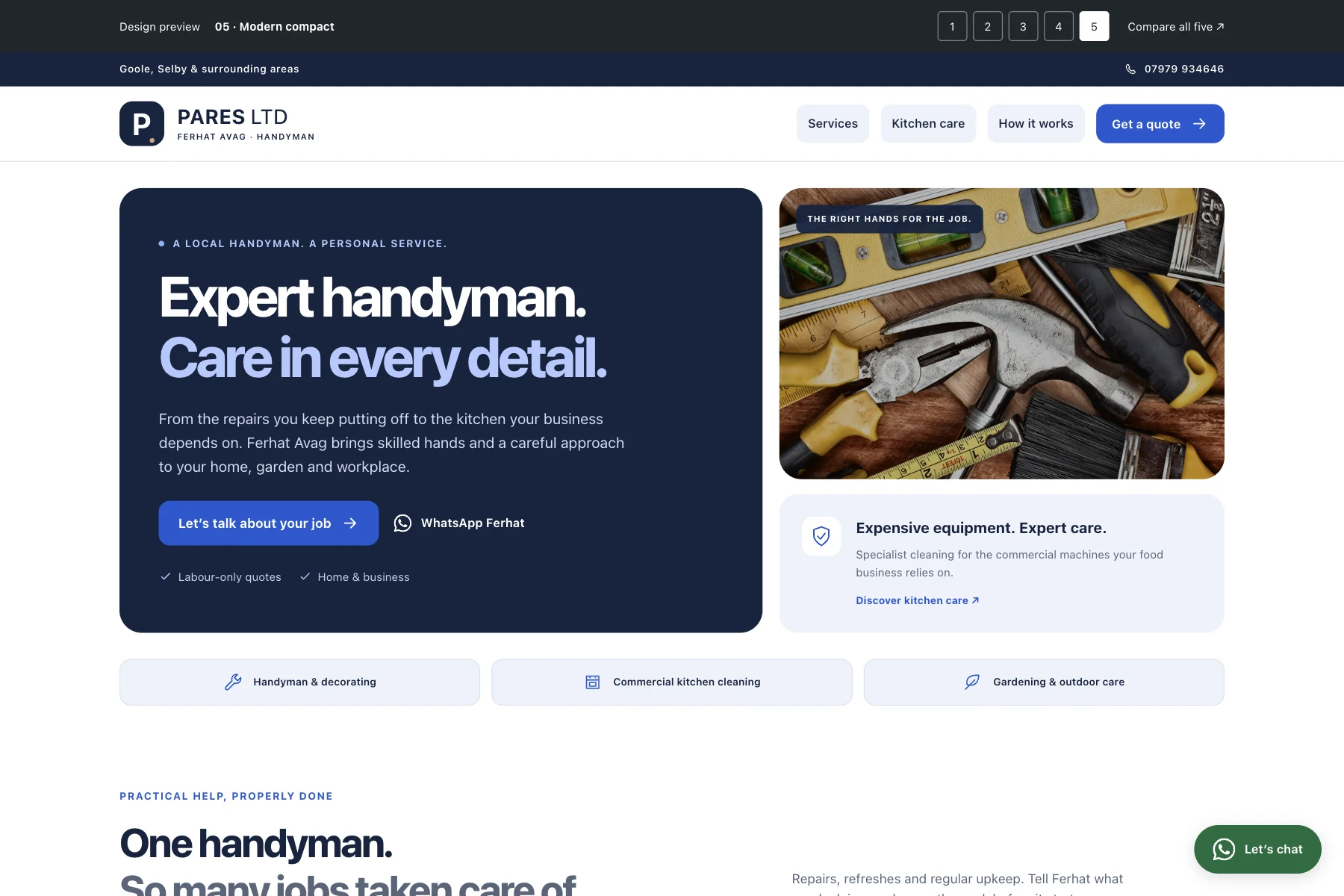 Modern compact website preview with blue accents, rounded cards and a compact asymmetric layout